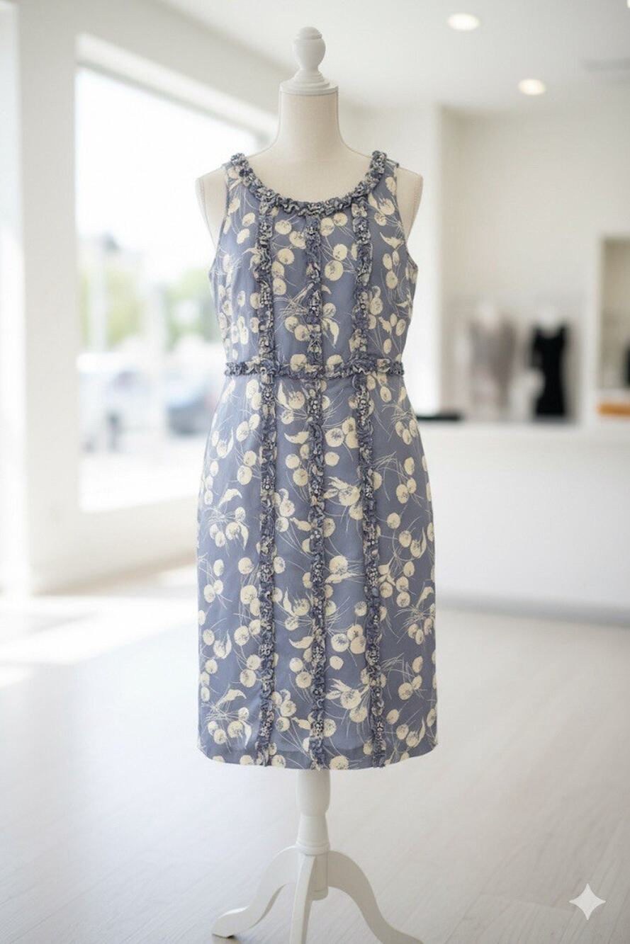 Boden 100%Silk Blue&Cream Floral Sleeveless Knee Length A-line Ruffled Size 4